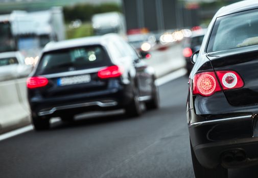 European Highway Traffic. Modern Cars on the German Road. Transportation Theme.