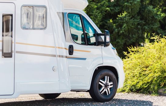 Modern White Compact Camper Van on the RV Camping Spot