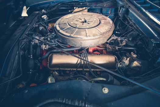 American Classic Car Gasoline Engine Closeup. Old Car Restoration.