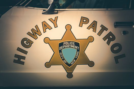 Vintage Highway Patrol Cruiser Closeup. Retro Style American Police Department Vehicle.