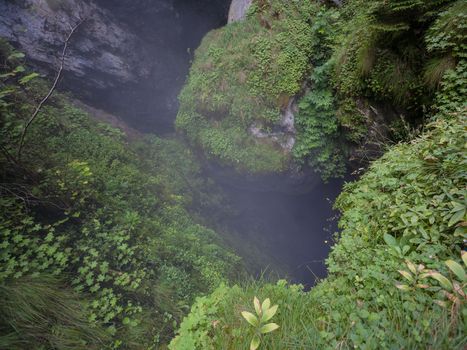 Beautiful rocks, covered with moss and green plants.