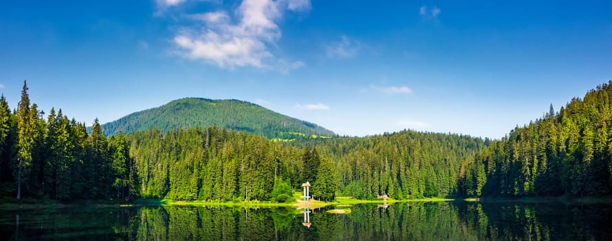 panorama of Synevyr lake on summer morning. gorgeous scenery with spruce forest reflecting on a water surface. some cloud formation on a blue sky over the distant mountain. pleasing and fresh forenoon