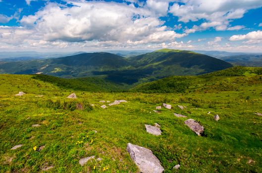 Carpathian alps with huge boulders on hillsides. beautiful summer landscape on overcast day. Location Polonina Runa, Ukraine