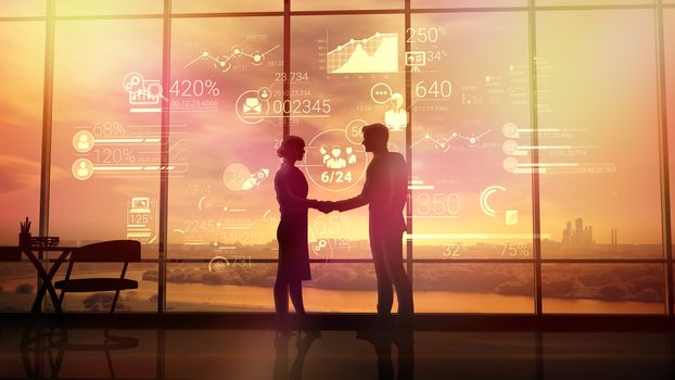 The silhouettes of a man and a woman shake hands in the office on the background of business infographics.