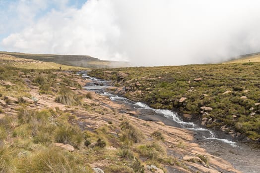 The Tugela River, shortly before it plunges 948 m from the top of the Amphitheatre in the Drakensberg. The Tugela Falls, the second tallest waterfall on earth