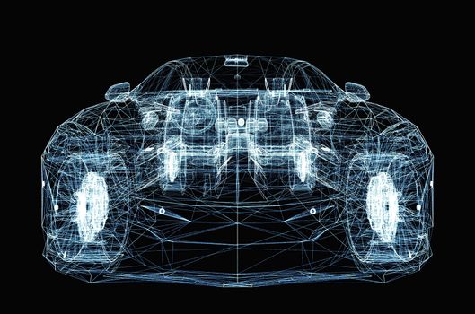 Abstract car consisting of luminous lines and dots. 3d illustration on a black background