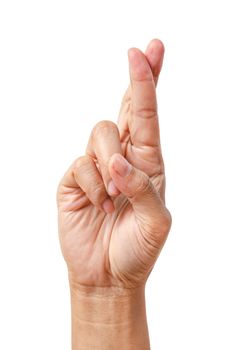 Hand with crossed fingers isolated on white background, Save clipping path.