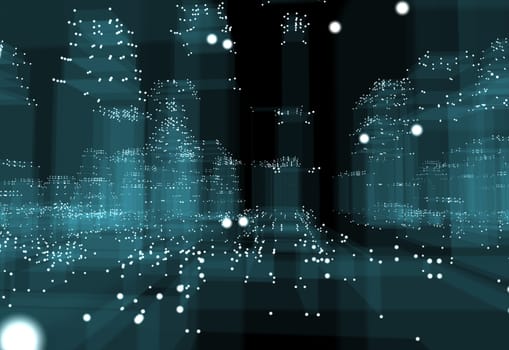 Abstract 3d city with dots and blue buildings. Technology and connection concept. 3d illustration on black background