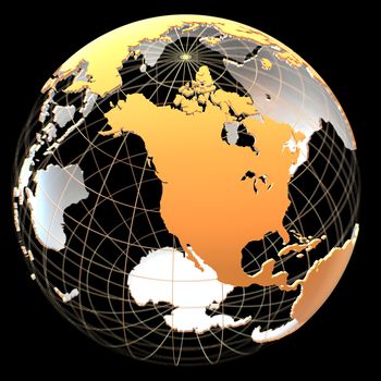 3d globe with continents and meridian lines. Orange and metallic colors. 3d illustration on a black background