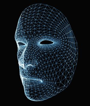 Human face consisting of luminous lines and dots. 3d illustration on a black background