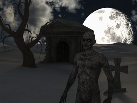 Walking dead in the spooky night near a crypt - 3d rendering