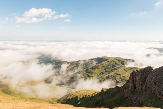 View from the Sentinel Trail to the Tugela Falls in the Drakensberg. The starting point at the car park is visible