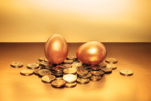 Gold coins and golden eggs, the concept of financial growth.