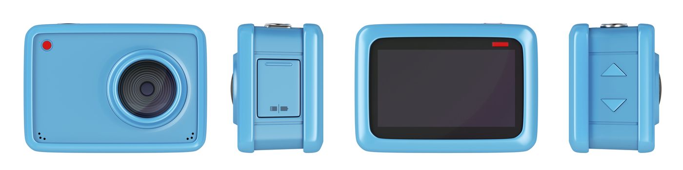 Front, side and back view of action camera, 3D illustration