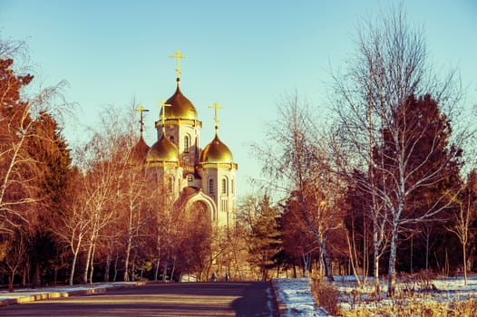 Landscape with golden domes of the church Orthodox church