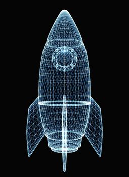 Rocket consisting of luminous lines and dots. 3d illustration on a black background