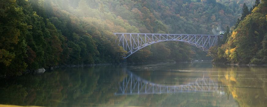 Autumn fall foliage Fukushima First Bridge View Point daiichi kyouryou in Mishima Fukushima Japan panorama