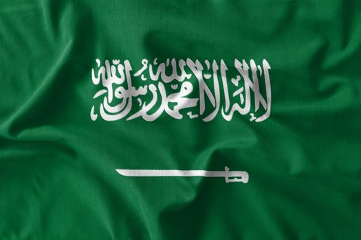 Saudi Arabia flag painting on high detail of wave cotton fabrics . 3D illustration .