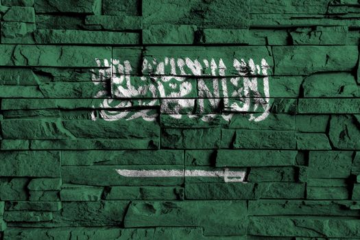 Saudi Arabia flag painting on high detail of old brick wall . 3D illustration .