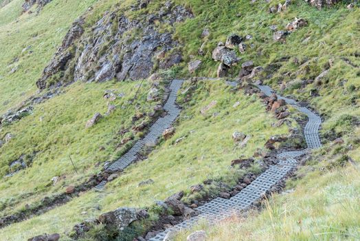 The Sentinel Trail to the Tugela Falls in the Drakensberg. Concrete blocks are being laid on part of the trail to prevent erosion