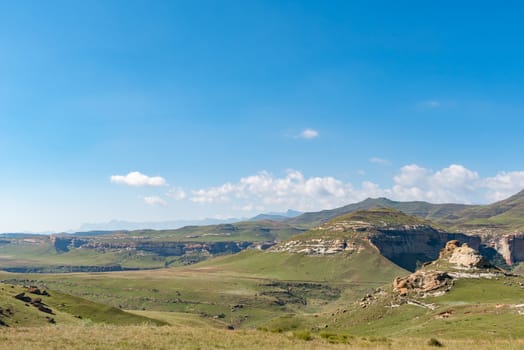 The view from Golden Gate with the Amphitheatre in the Drakensberg visible in the back, left and the Maluti Mountains to the right