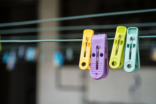 Colorful clothes pegs or clothes pins at the back of a house