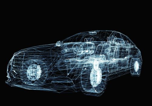 Abstract car consisting of luminous lines and dots. 3d illustration on a black background