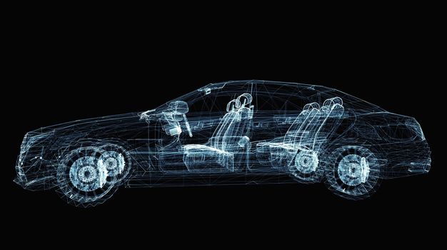 Abstract car consisting of luminous lines and dots. 3d illustration on a black background