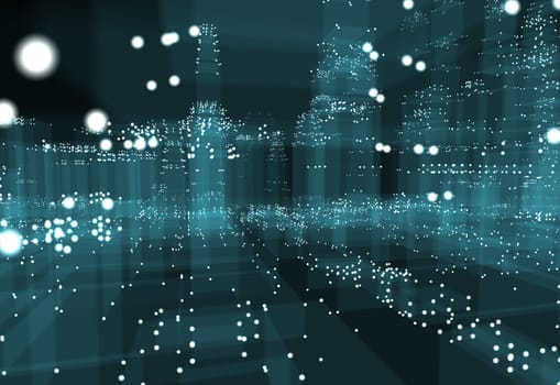 Abstract 3d city with dots and blue buildings. Technology and connection concept. 3d illustration on black background