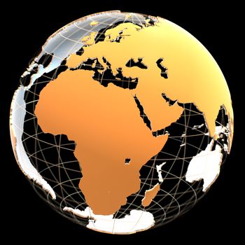 3d globe with continents and meridian lines. Orange and metallic colors. 3d illustration on a black background