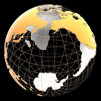 3d globe with continents and meridian lines. Orange and metallic colors. 3d illustration on a black background