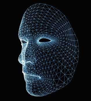 Human face consisting of luminous lines and dots. 3d illustration on a black background