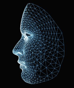 Human face consisting of luminous lines and dots. 3d illustration on a black background