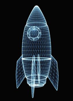 Rocket consisting of luminous lines and dots. 3d illustration on a black background