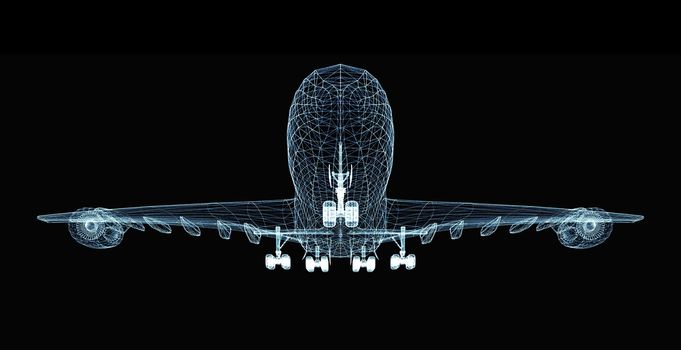 Abstract digital airplane consisting of luminous lines and dots. 3d illustration on a black background