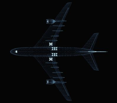 Abstract digital airplane consisting of luminous lines and dots. 3d illustration on a black background