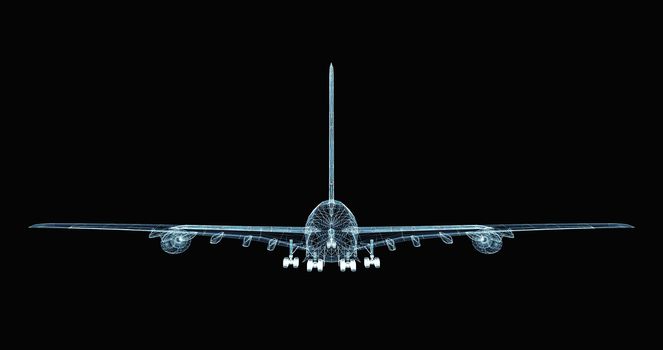 Abstract digital airplane consisting of luminous lines and dots. 3d illustration on a black background