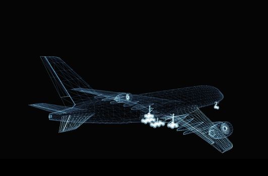 Abstract digital airplane consisting of luminous lines and dots. 3d illustration on a black background