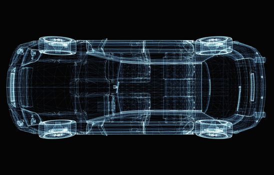 Abstract car consisting of luminous lines and dots. 3d illustration on a black background