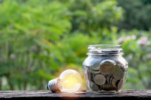 Energy saving light bulb and coins in glass jar on nature background. Saving, accounting and financial concept.
