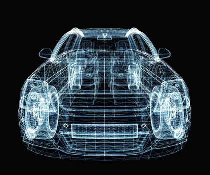 Abstract car consisting of luminous lines and dots. 3d illustration on a black background