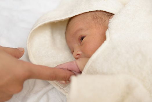 Newborn baby boy in a towel after the bath and holding his mother's finger