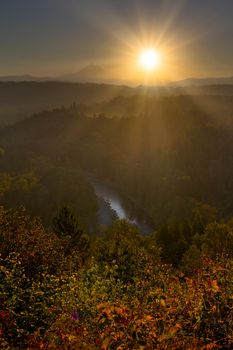 Sunrise over Mount Hood and Sandy River Valley in Oregon during Fall Season