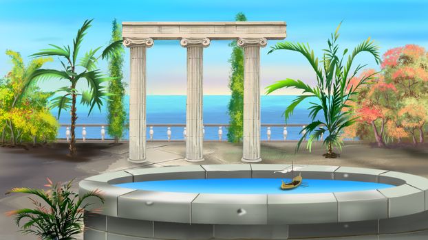 Ancient Colonnade in a summer day. Background, Illustration in cartoon style character.