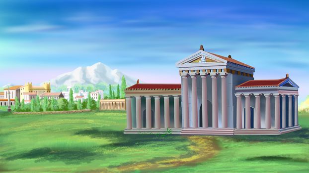 Ancient Greek Temple in a sunny day. Digital Painting Background, Illustration in cartoon style character.