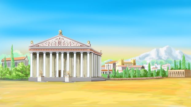 Temple of Artemis in a sunny day. Digital Painting Background, Illustration in cartoon style character.