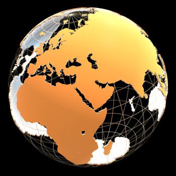 3d globe with continents and meridian lines. Orange and metallic colors. 3d illustration on a black background