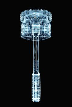 Engine piston consisting of luminous lines and dots. 3d illustration on a black background