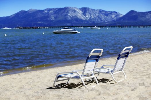Reclining chairs on the shore of Lake Tahoe