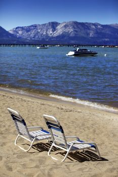 Reclining chairs on the shore of Lake Tahoe